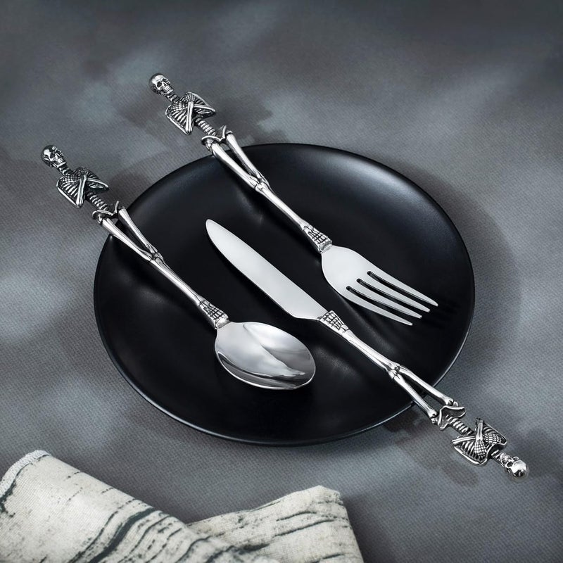 HZMAN Gothic Skull Flatware: Dinner Knife, Dinner Fork, Soup Spoon & 3-Piece Place Setting, Stainless Steel Cutlery Set for Home Kitchen, Halloween Table Decor - Image 2
